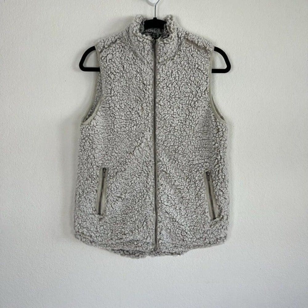 Thread Supply Womens Sherpa Vest Full Zip Size XS Pockets Oatmeal Fluffy Fleece